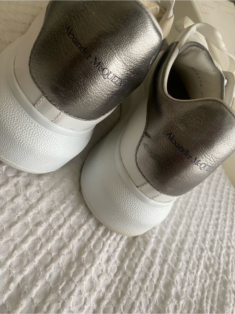 Alexander McQueen Womens White Sneakers with Metallic Pewter Heel Tab